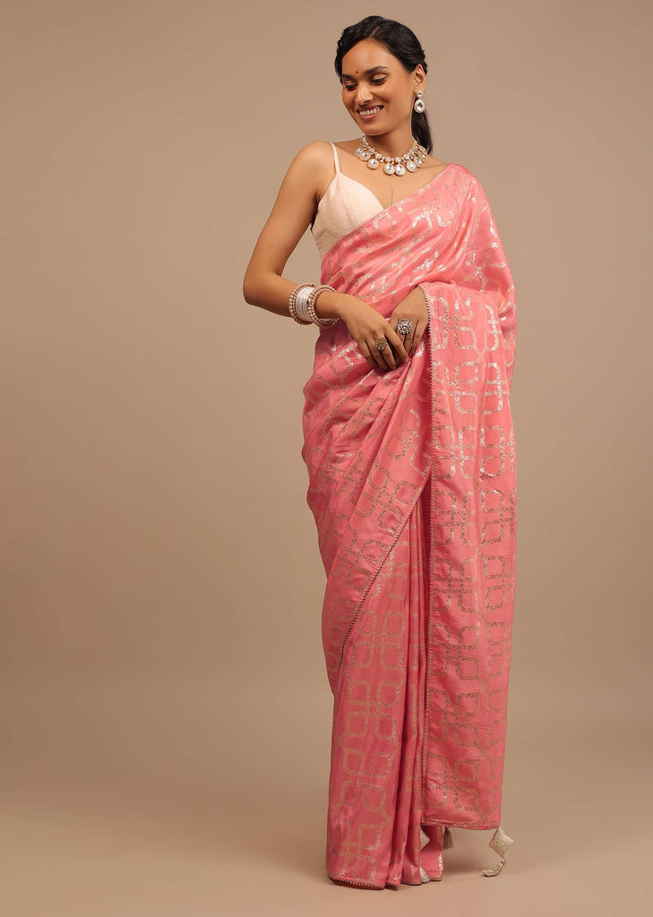 Rose Pink Saree In Dola Silk With Lurex Woven Geometric Jaal