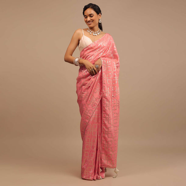 Rose Pink Saree In Dola Silk With Lurex Woven Geometric Jaal