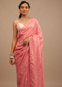 Rose Pink Saree In Dola Silk With Lurex Woven Geometric Jaal