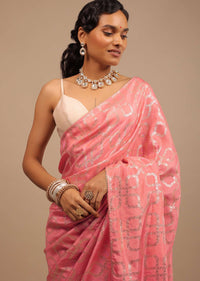 Rose Pink Saree In Dola Silk With Lurex Woven Geometric Jaal