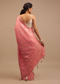 Rose Pink Saree In Dola Silk With Lurex Woven Geometric Jaal