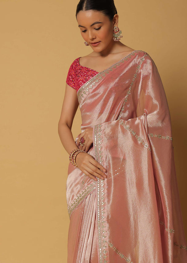 Rose Pink Saree In Kora Silk With Gota Work And Contrast Unstitched Blouse Fabric
