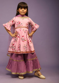 Kalki Girls Rose Pink Sharara And Peplum Suit In Cotton With Floral Print And Ruffle Sleeves