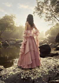 Rose Pink Skirt And Crop Top Set Designed With Asymmetric Layers, Bead Work, And Ruffle Dupatta
