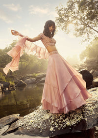 Rose Pink Skirt And Crop Top Set Designed With Asymmetric Layers, Bead Work, And Ruffle Dupatta