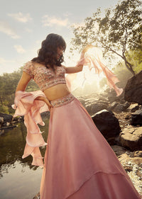 Rose Pink Skirt And Crop Top Set Designed With Asymmetric Layers, Bead Work, And Ruffle Dupatta