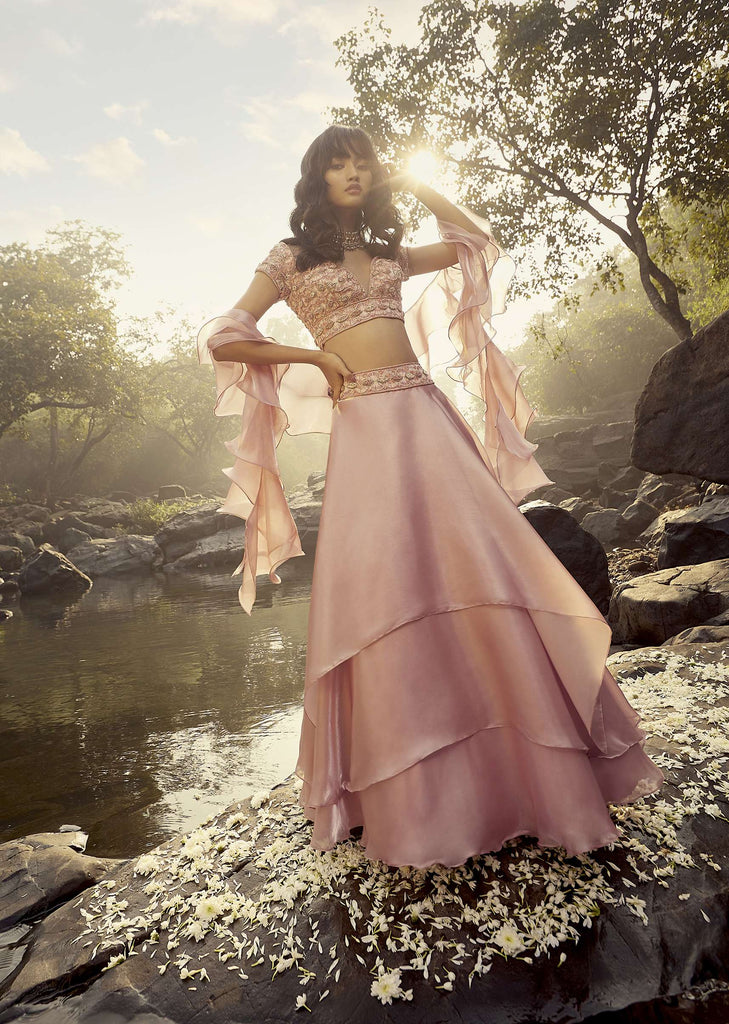 Rose Pink Skirt And Crop Top Set Designed With Asymmetric Layers, Bead Work, And Ruffle Dupatta