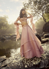 Rose Pink Skirt And Crop Top Set Designed With Asymmetric Layers, Bead Work, And Ruffle Dupatta