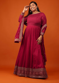 Rose Red Anarkali Suit In Georgette With Zari And Multi-Colored Resham Embroidery