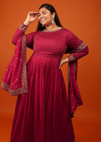 Rose Red Anarkali Suit In Georgette With Zari And Multi-Colored Resham Embroidery