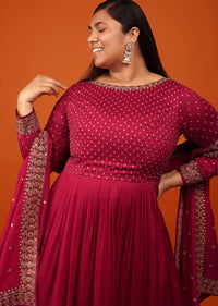Rose Red Anarkali Suit In Georgette With Zari And Multi-Colored Resham Embroidery