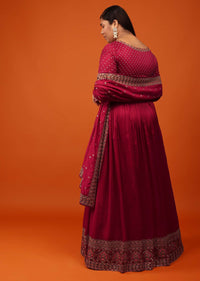 Rose Red Anarkali Suit In Georgette With Zari And Multi-Colored Resham Embroidery