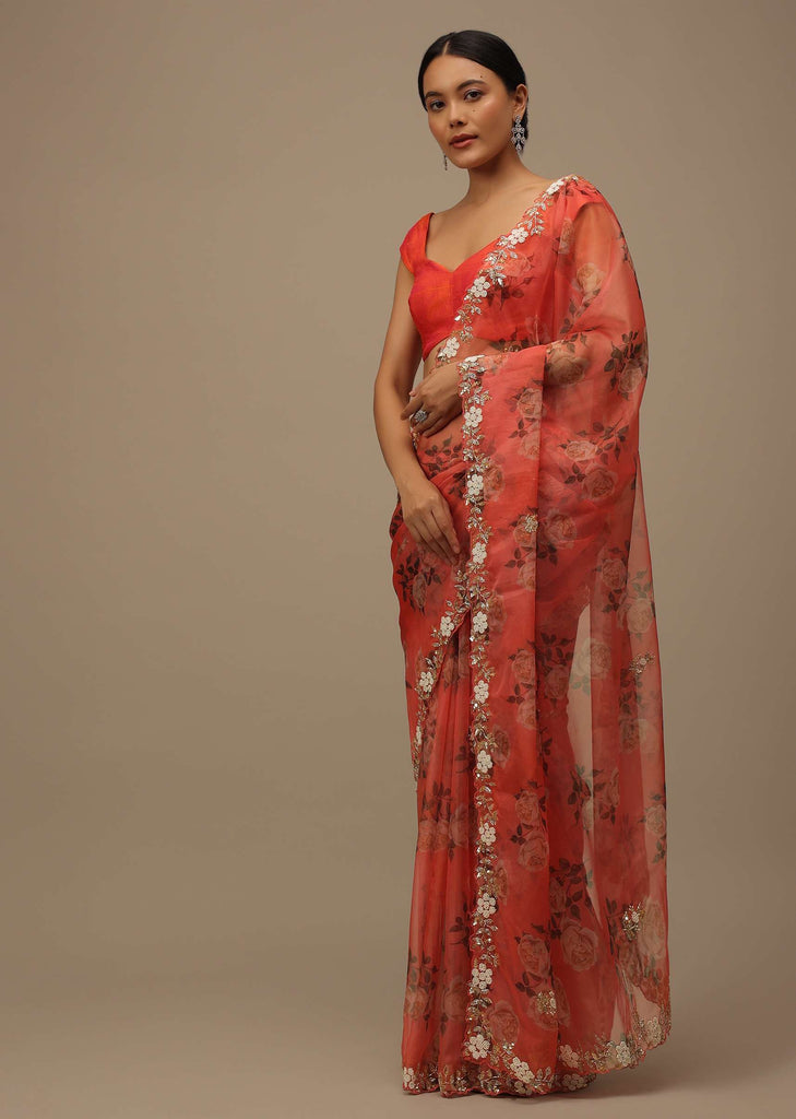 Rose Red Embroidered Saree In Organza With Vibrant Floral Print