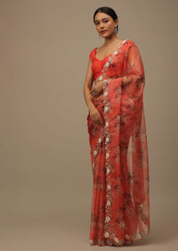 Rose Red Embroidered Saree In Organza With Vibrant Floral Print