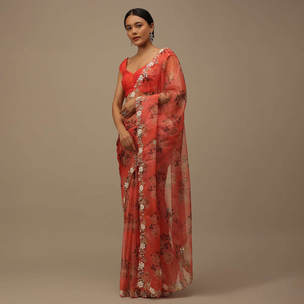 Rose Red Embroidered Saree In Organza With Vibrant Floral Print