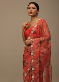 Rose Red Embroidered Saree In Organza With Vibrant Floral Print