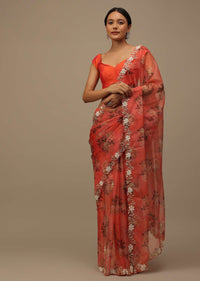 Rose Red Embroidered Saree In Organza With Vibrant Floral Print