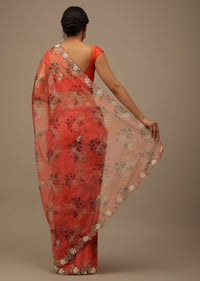 Rose Red Embroidered Saree In Organza With Vibrant Floral Print