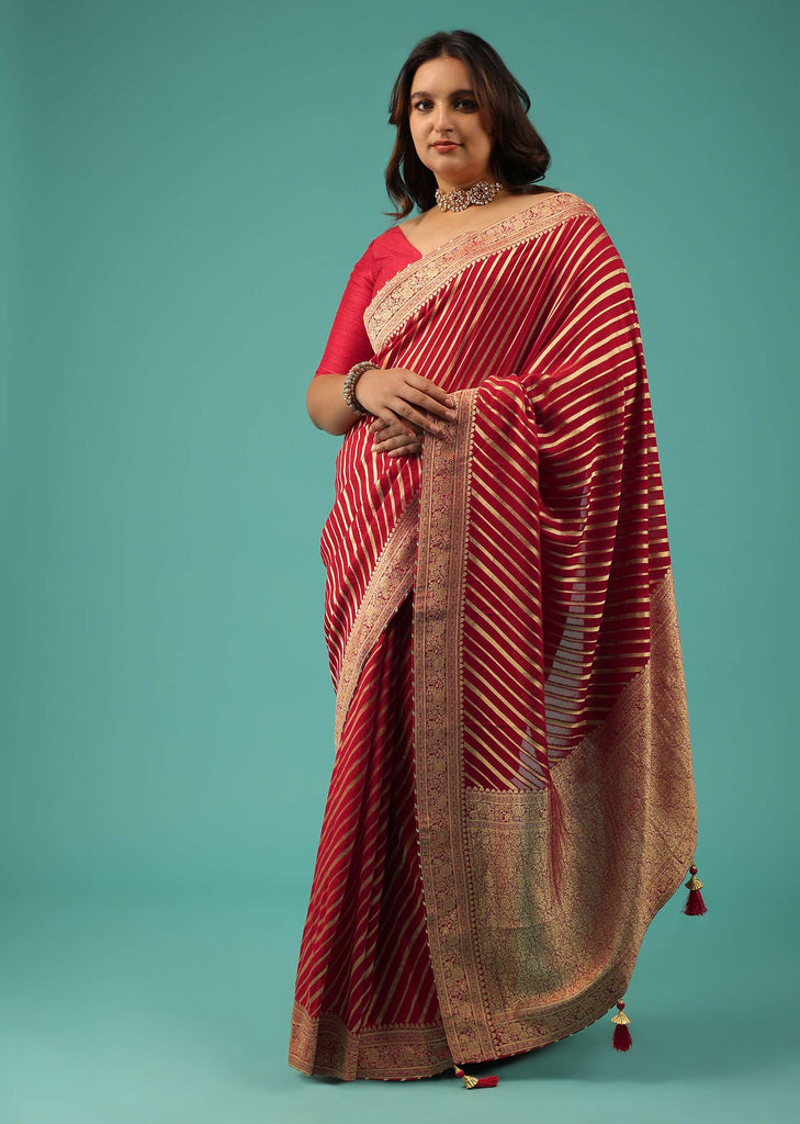 Rose Red Georgette Saree With Brocade Woven Diagonal Stripes And Floral Border