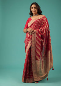 Rose Red Georgette Saree With Brocade Woven Diagonal Stripes And Floral Border