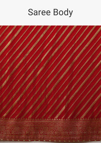 Rose Red Georgette Saree With Brocade Woven Diagonal Stripes And Floral Border