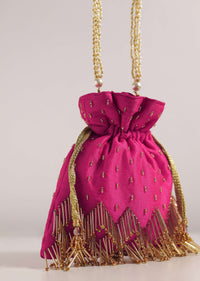 Rose Red Potli Bag With Tassels And A Handworked Handle