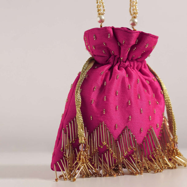 Rose Red Potli Bag With Tassels And A Handworked Handle