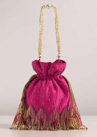 Rose Red Potli Bag With Tassels And A Handworked Handle