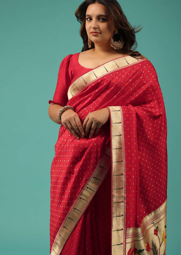 Rose Red Silk Bandhani Saree With An Unstitched Blouse