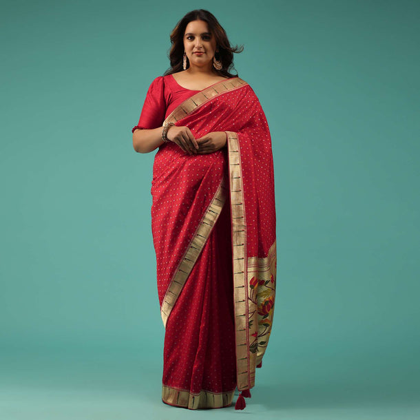 Rose Red Silk Bandhani Saree With An Unstitched Blouse