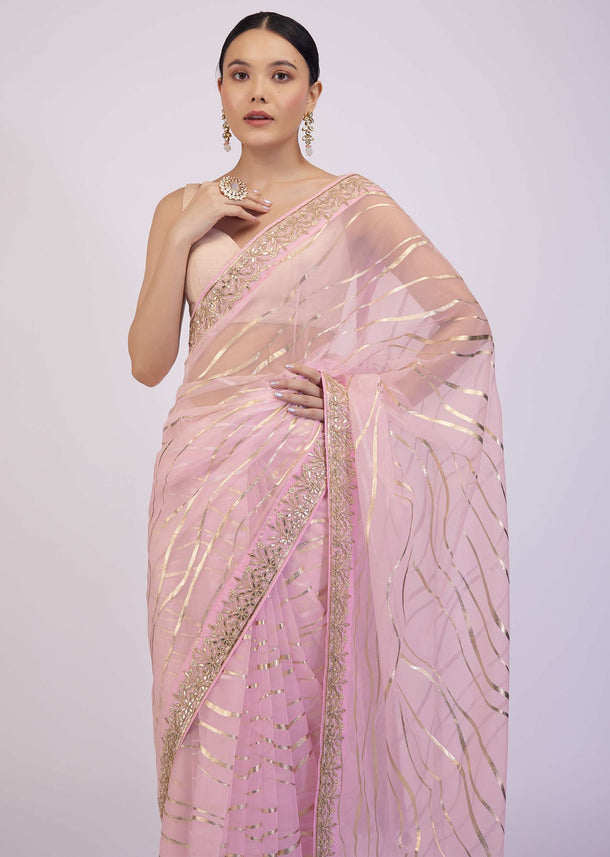 Onion Pink Saree In Organza With Foil Print And Embroidery