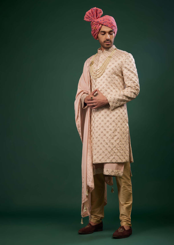 Powder Pink Raw Silk Sherwani Set With Embroidery