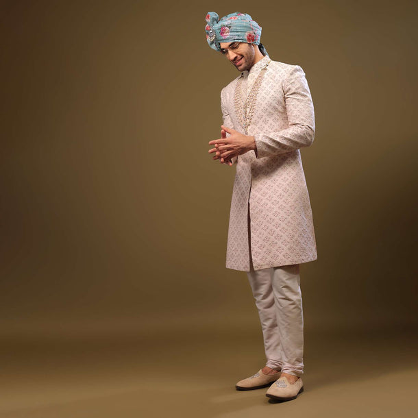 Onion Pink Lucknowi Sherwani Set With Zari And Stonework