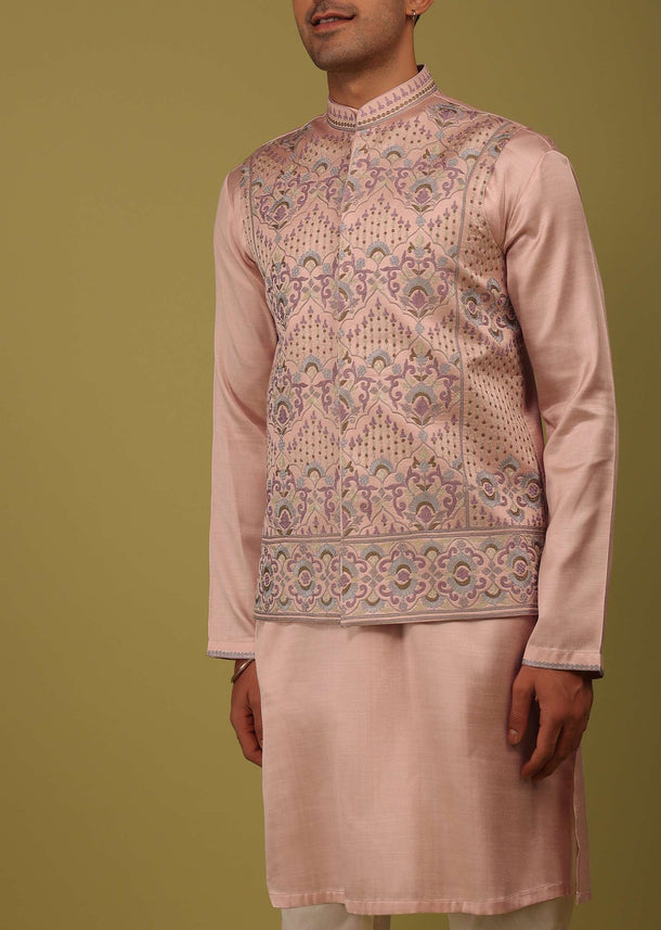 Blush Pink Thread Embroidered Bandi Jacket Set In Art Silk