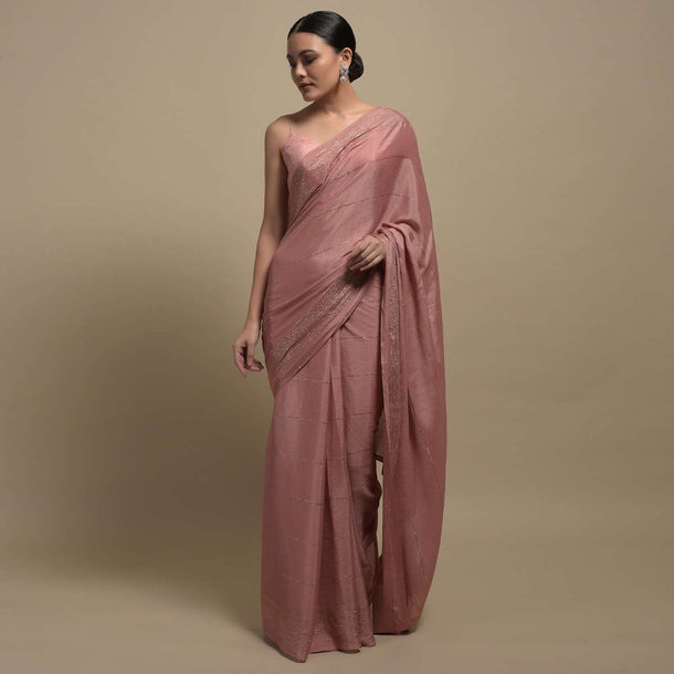 Rosewood Pink Chiffon Saree With Crushed Texturing And Mirror Embroidered Border Online Kalki Fashion