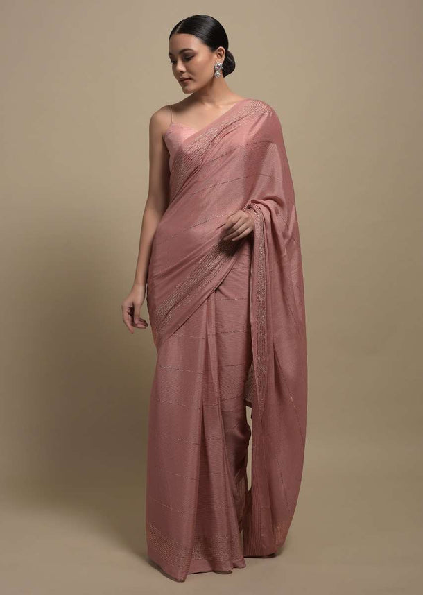 Rosewood Pink Chiffon Saree With Crushed Texturing And Mirror Embroidered Border Online Kalki Fashion