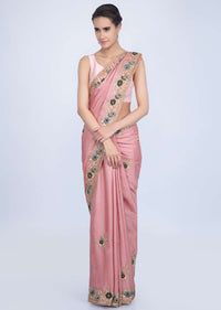 Rosewood pink cotton silk saree in hand embroidered butti and border only on Kalki