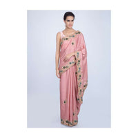 Rosewood pink cotton silk saree in hand embroidered butti and border only on Kalki