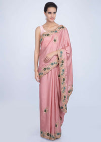 Rosewood pink cotton silk saree in hand embroidered butti and border only on Kalki