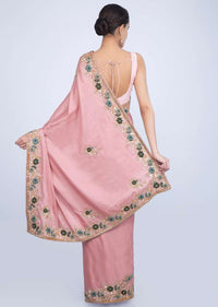 Rosewood pink cotton silk saree in hand embroidered butti and border only on Kalki