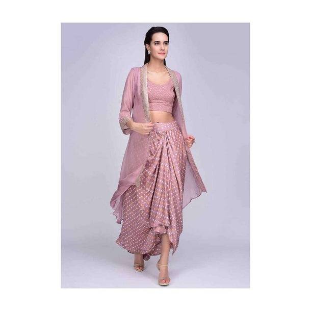 Rosewood pink printed draped skirt with matching crop top and long jacket only on Kalki