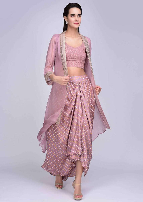 Rosewood pink printed draped skirt with matching crop top and long jacket only on Kalki