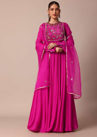 Rosy Pink Embroidered Anarkali With Sheer Organza Dupatta