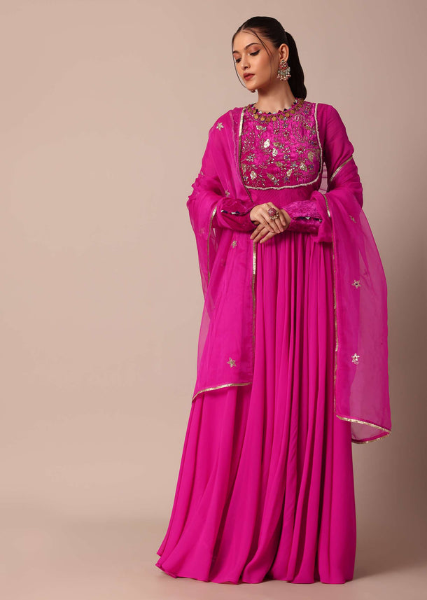 Rosy Pink Embroidered Anarkali With Sheer Organza Dupatta