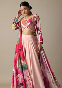 Rosy Pink Print Palazzo Set With Crop Top And Jacket