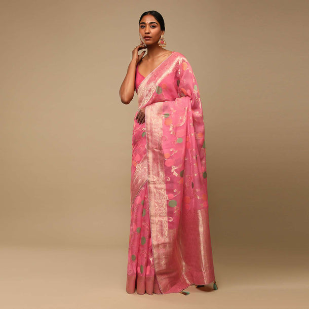 Rouge Pink Saree In Organza With Multi Colored Woven Floral Jaal And Moroccan Motifs On The Pallu Along With Unstitched Blouse