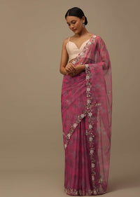 Rouge Pink Cutdana Embroidered Saree In Organza With Floral Print