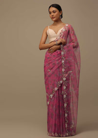 Rouge Pink Cutdana Embroidered Saree In Organza With Floral Print