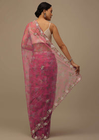 Rouge Pink Cutdana Embroidered Saree In Organza With Floral Print