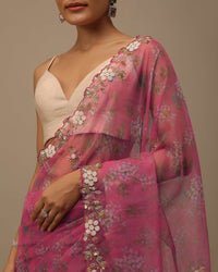Rouge Pink Cutdana Embroidered Saree In Organza With Floral Print